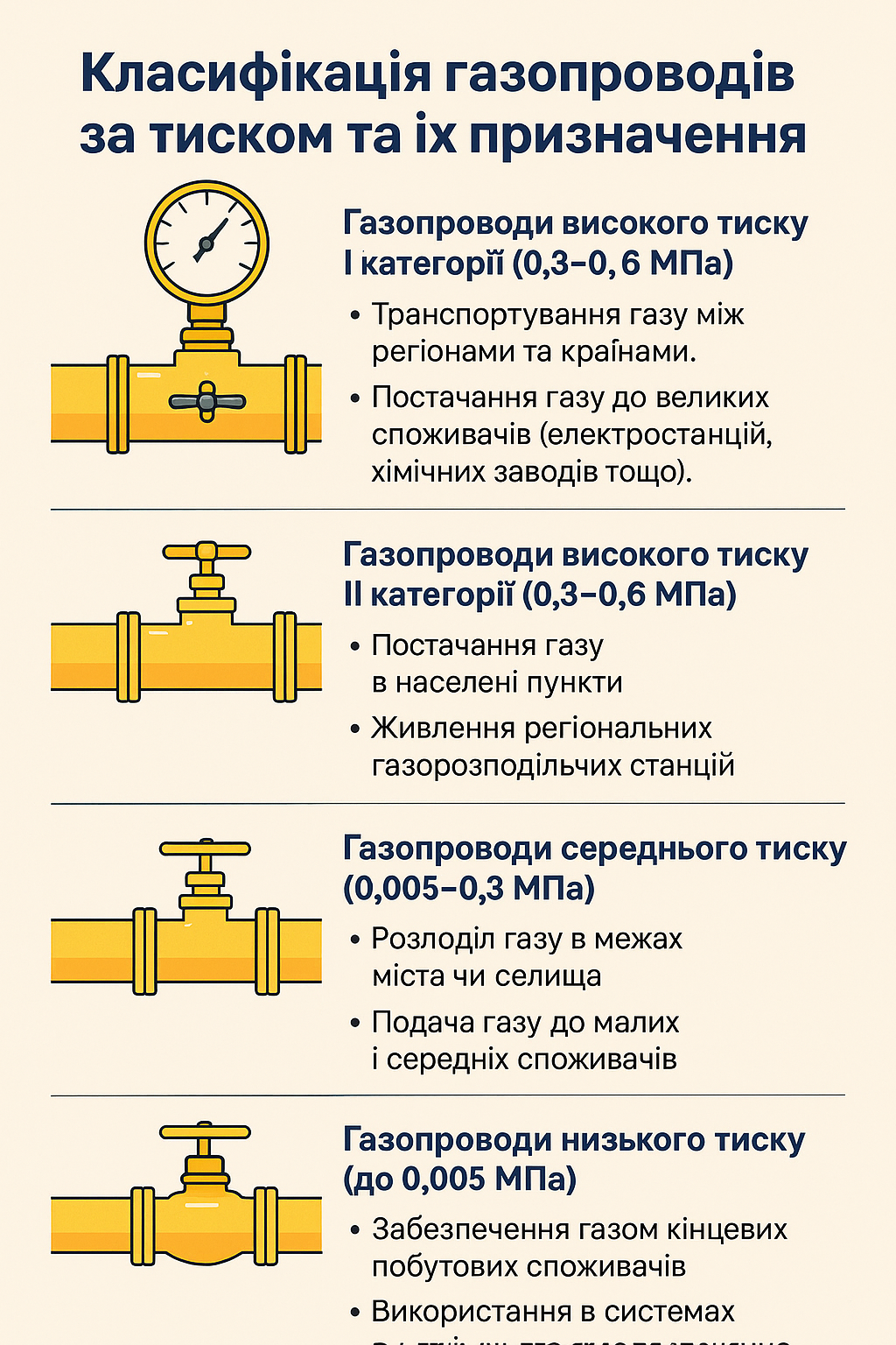 Класифікація газопроводів за тиском та їх призначення